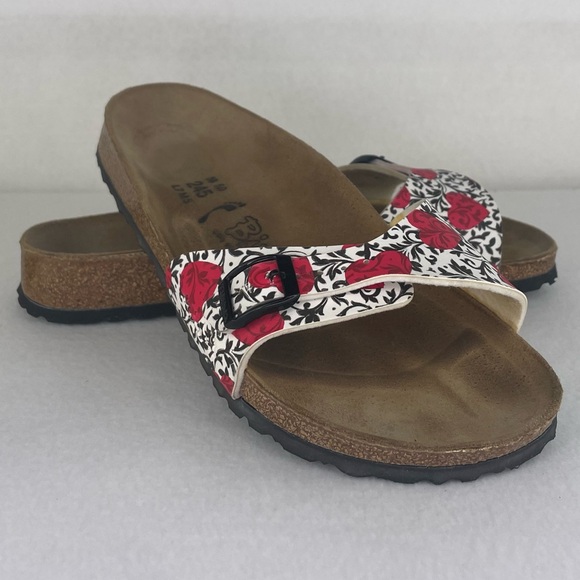 Birki’s Madrid Heart Sandals Women’s EUR 38 US 7-7.5 Black Swirl Red Heart Slide - Picture 2 of 12